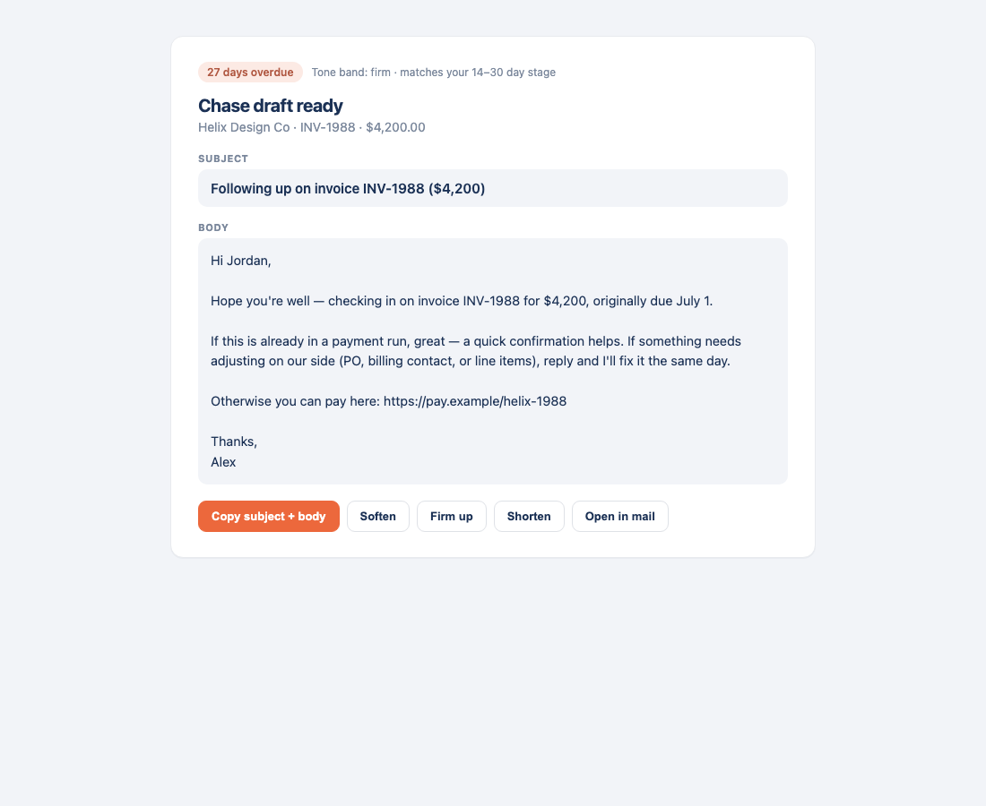 Chasa chase draft with firm tone band for a 27-day overdue invoice